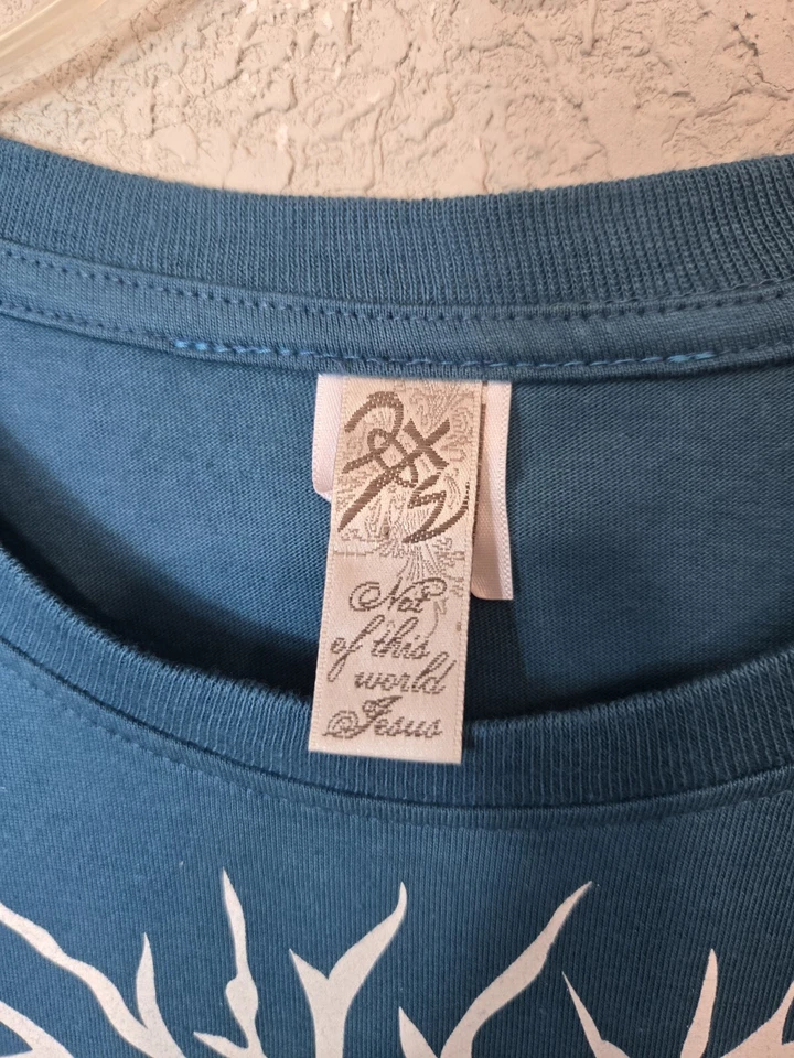 Camiseta azul Not Of This World para hombre M Por qué Jesús árbol amó primero a Cristo Foto 4 de 4