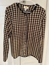 Vtg Talbots Button Cardigan Black/Tan Houndstooth Pattern Petite Large USA Made