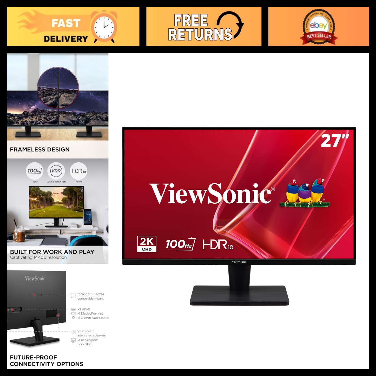 27" QHD 1440p Computer Monitor, 100Hz Refresh Rate, IPS Display, HDMI, VESA Moun