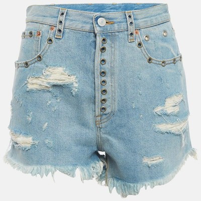 Gucci Blue Distressed Denim Embellished Shorts M Waist 29
