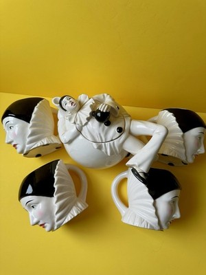Vtg Sigma Taste Setter Black And White Pierrot French Clown Teapot And Cup Set