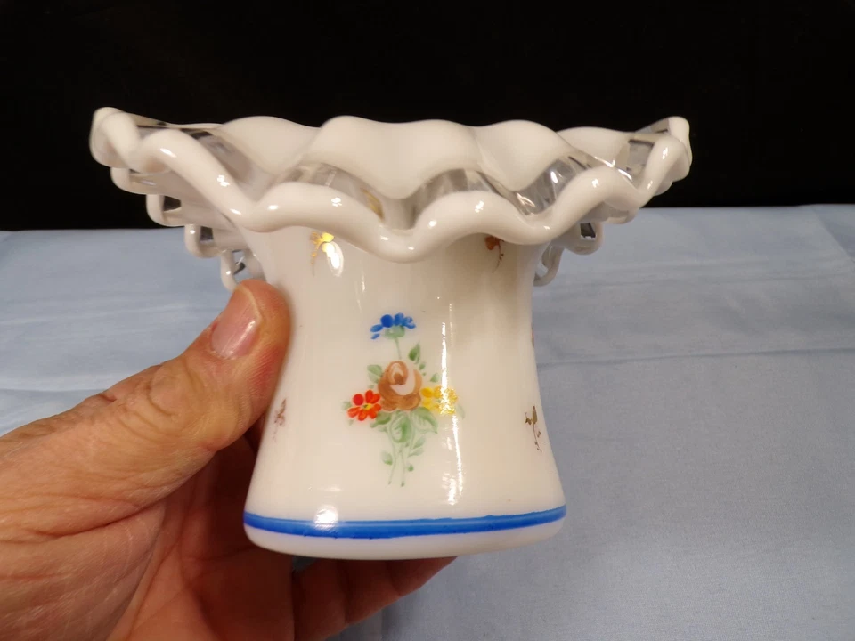 Fenton Charleton Painted Milk Glass CRYSTAL CREST Hat Shaped Vase - Image 4 of 4