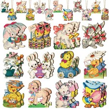 24 Pcs Vintage Easter Tree Ornaments Egg Bunny Wooden Hanging Ornaments Spring