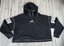 Puma Hoodie Womens Sz Large Black Cropped Sweatshirt Logo Contrast Stitching