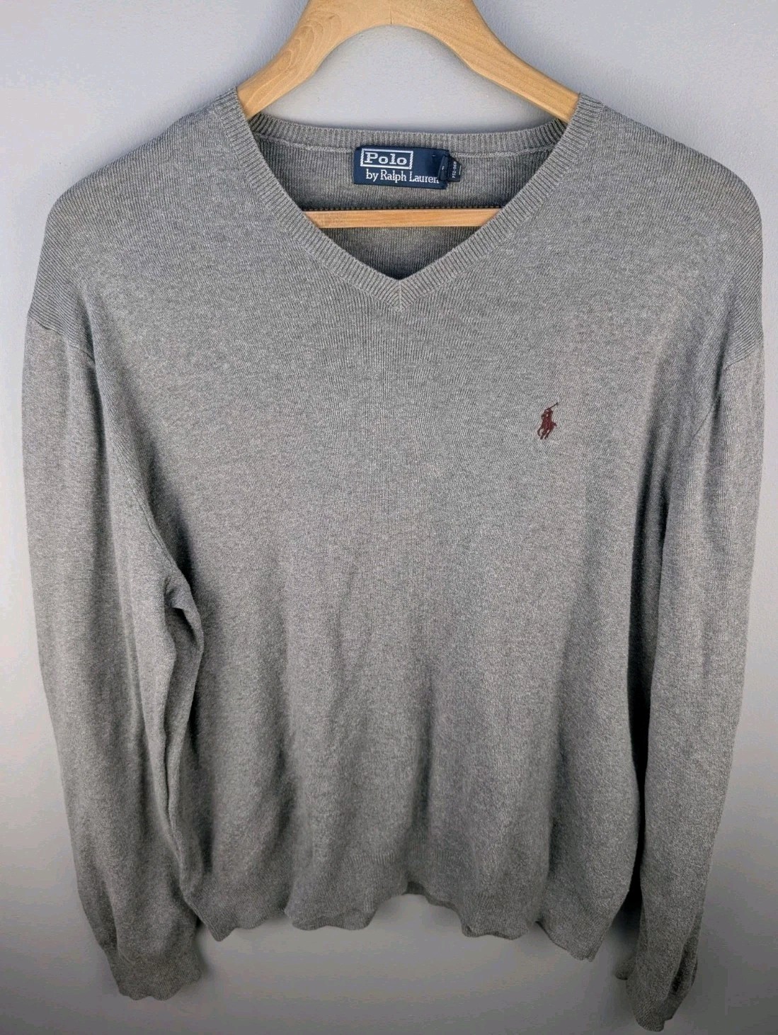 Vintage POLO RALPH LAUREN Mens Jumper Grey V-Neck Tight Knit - Large L