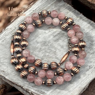 23'' Rose Quartz Copper Navajo Pearl Necklace Southwest Fluted Squash Pawn 9.5mm