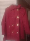Hervé Bernard Women's Red Hooded Pea Coat Mid-Length Button Closure Size M — photo 1