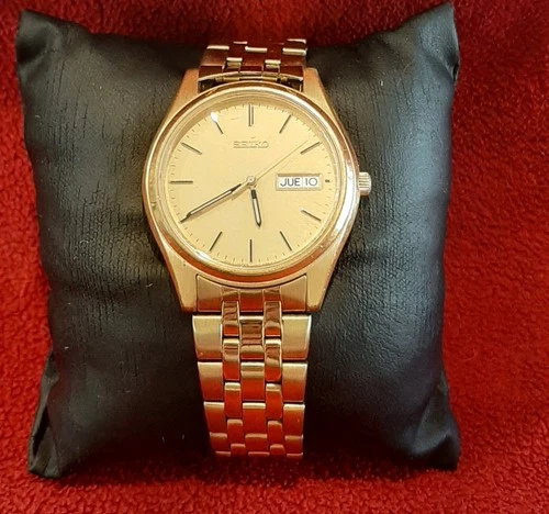 VTG 90's Seiko Goldtone Day Date Men's Analog WORKING Watch 7N43-9048 Japan