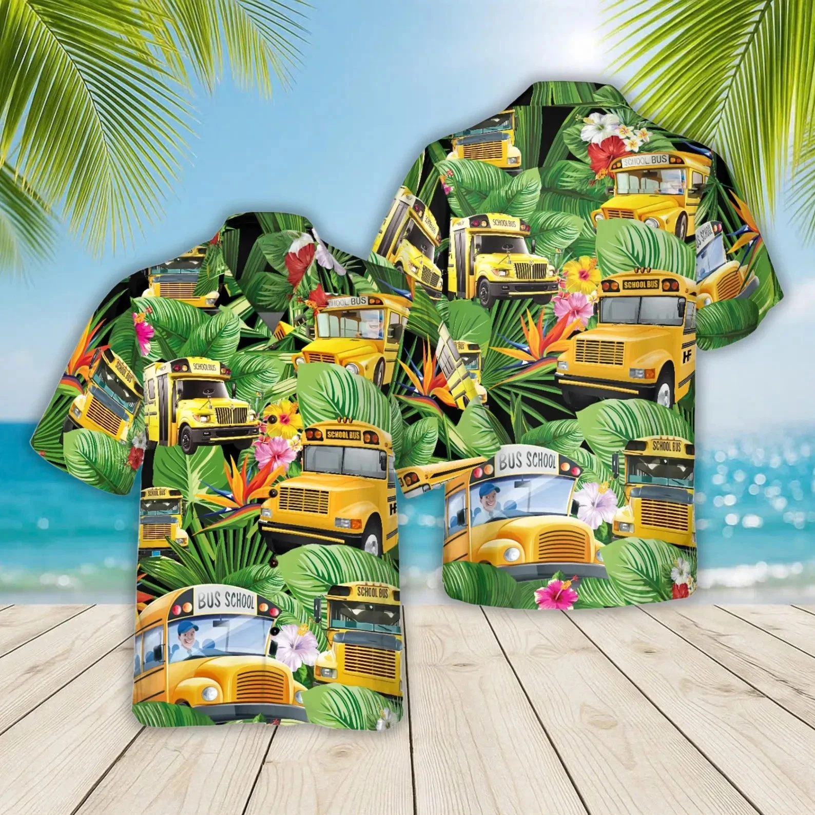School Bus Hawaiian Shirt – Tropical Jungle Back to School Fun