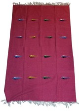 Mexican Thunderbird Blanket Pink Blue 82" X 47" Vtg Handmade Woven Tapestry