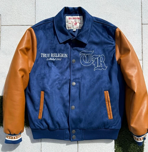True Religion World Tour Varsity Jacket Leather Sleeves Embroidered S Blue/Brown - product listing photo