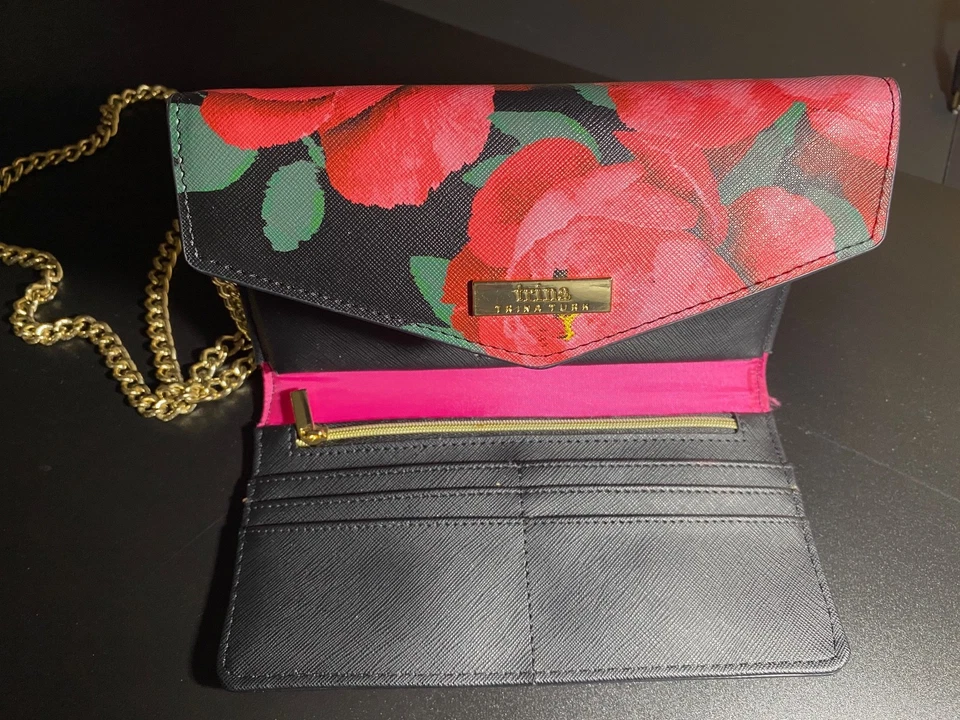 Trina Turk Mango de Cadena Rojo Peonía Floral Bolso de Mano Cartera de Cuero Herrajes de Latón Foto 2 de 4