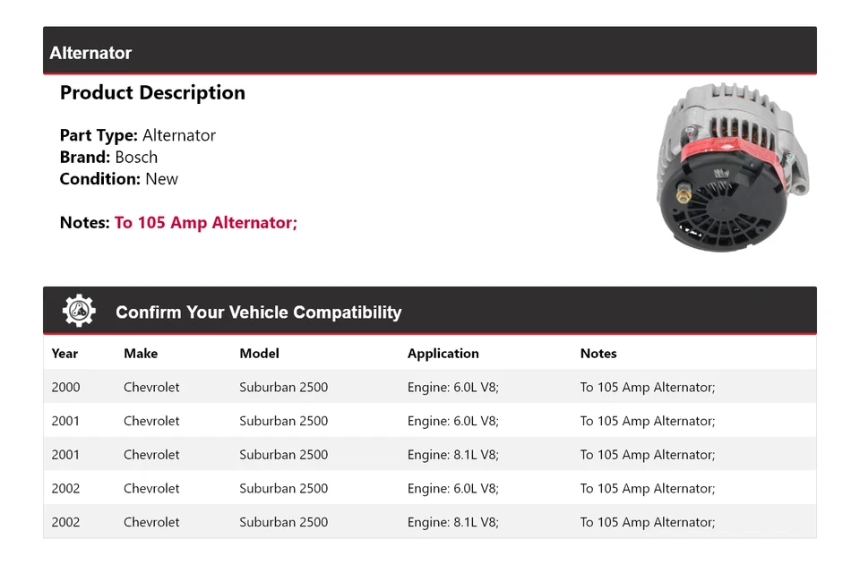 For 2000-2002 Chevrolet Suburban 2500 Bosch Alternator (New) 2001 - Image 2 of 4