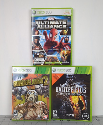 Lot Of 3 Xbox 360 Video Games Borderlands 2 Battlefield 3 Marvel Ultimate...