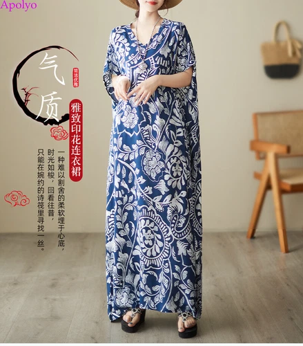 Retro Women Boho Maxi Long Shirt Sundress Summer Casual Cotton Plus Dress Kaftan - Picture 7 of 18