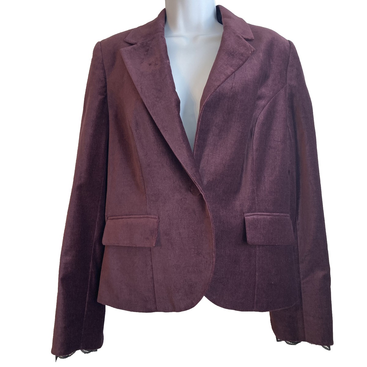 Apostrophe Woman Plum Blazer Button Black Lace Insets Purple