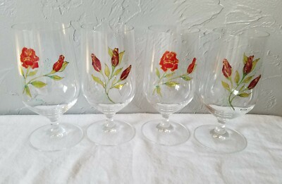 Four Elly Marked Open and Closed Rose Design Stemmed Wine, Tea, Water Glasses