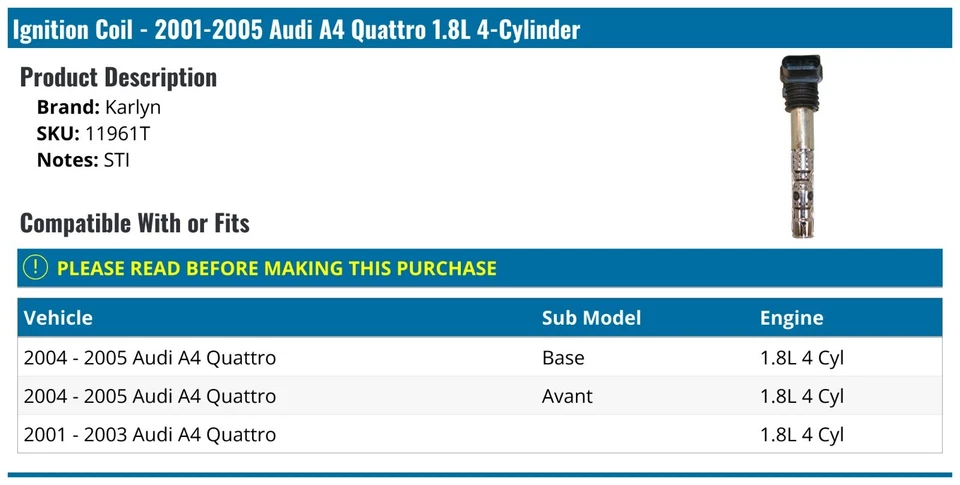 NOVA Bobina de Ignição Bremi Karlyn STI 11961T Volkswagen Audi A4 Quattro 2001-2005 - Imagem 2 de 4
