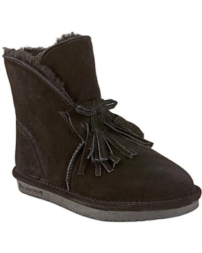 BEARPAW Christie Suede Sheepskin Fringe Boot w NeverWet Black II