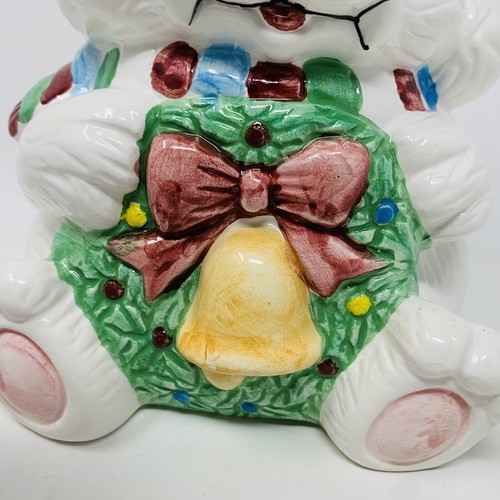 Christmas Bear Cookie JAR Ceramic w Santa Hat Holiday Collection Polar Wreath 7" - Picture 3 of 16