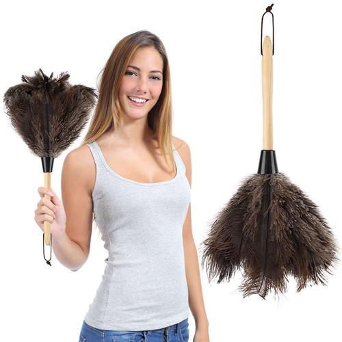 15.7" Ostrich Feather Duster Durable Dust Collecting Cleaning Tool Wooden Handle