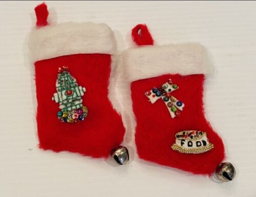 Vintage Christmas Stocking Plush Mini Holiday For Dogs Handcrafted 5” Set Of 2 - Picture 1 of 4