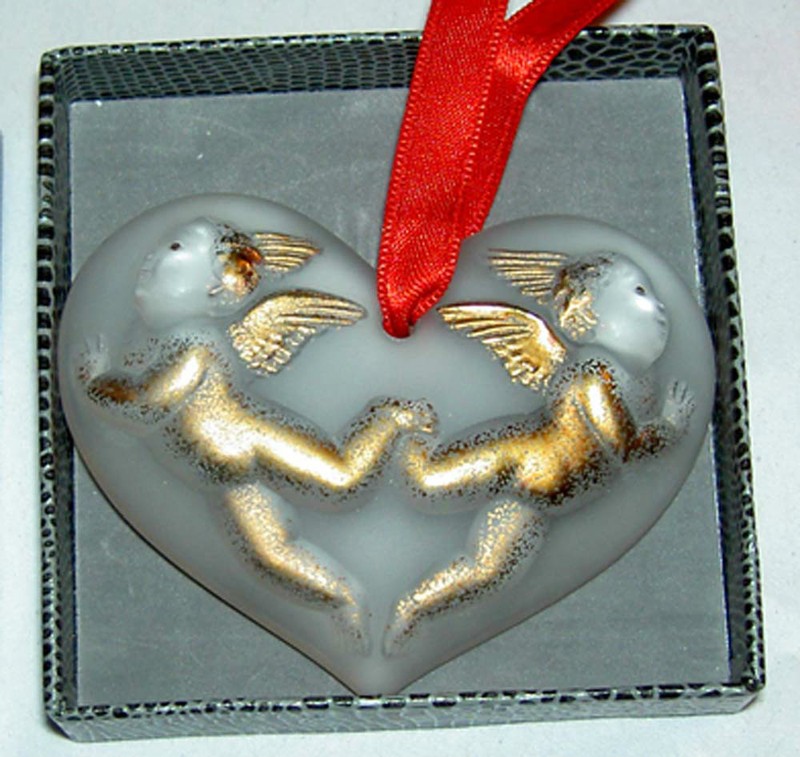 Rare LALIQUE 1996 Gold Enamel Angel Heart Clear Crystal Ornament New in Box