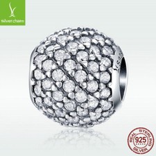 Real S925 Sterling Silver Round Charm Shinning CZ Bead For Fashion Girl Bracelet