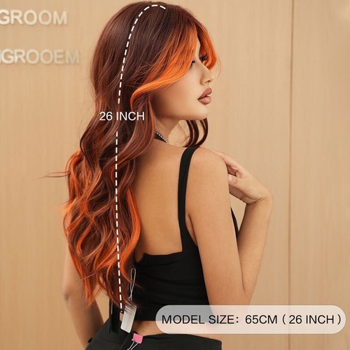 Womens Long Body Wavy Brown with Orange Highlights Wig Dark Roots Synthetic Hair - Picture 3 of 15
