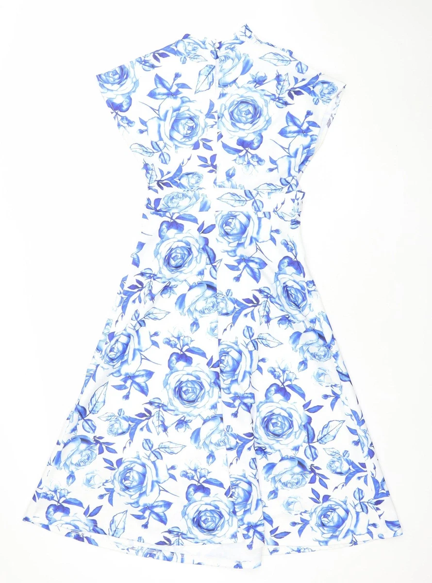 boohoo blue floral dress Zapaka Women Off the Shoulder White Blue Floral Bridesmaid Dress with Ruffles Boho Long Wedding Guest Dress, Blue / US16