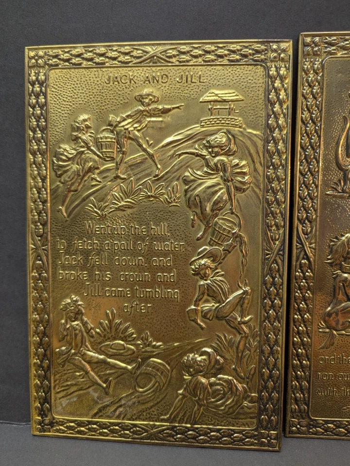 Vintage Jack And Jill and Hey Diddle Diddle Nursery Rhyme Brass Embossed Wall - Image 2 of 4