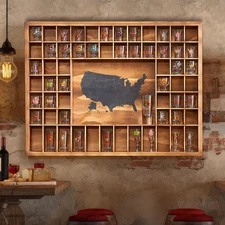 Large US Map Shot Glass Display Case 60 Slots 34 x 26'' Rustic Brown Wood Hol...