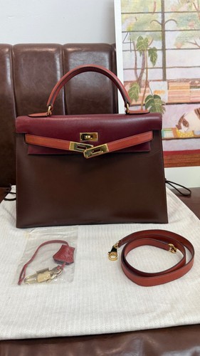 Hermès Kelly Sellier 32 Tricolor Rouge H Brique Havane Handbag 2-Way Satchel Box