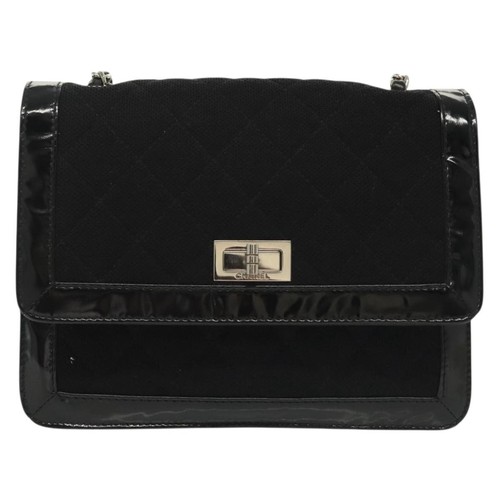 Chanel Vintage Mademoiselle Flap Quilted Canvas With Patent Black Shoulder Bag