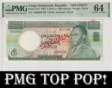 i-000863 República Democrática del Congo 5 Zaires = 500 Makuta 1967 PMG 64 muestra UNC