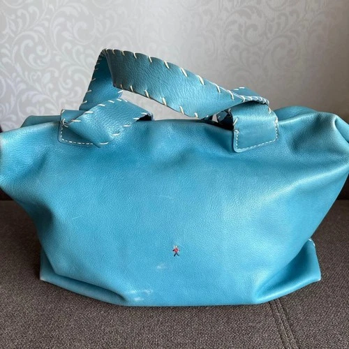 HENRY BEGUELIN Tote Shoulder Bag Handbag Blue Leather Omino Hand-stitching Women