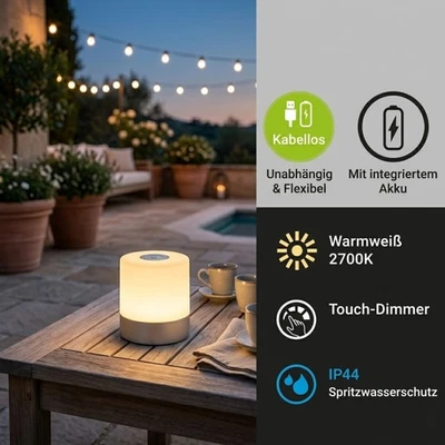 Akku-Leuchte Briloner Mini Tischlampe Silber Touch-Dimmer USB IP44 - Bild 1 von 4