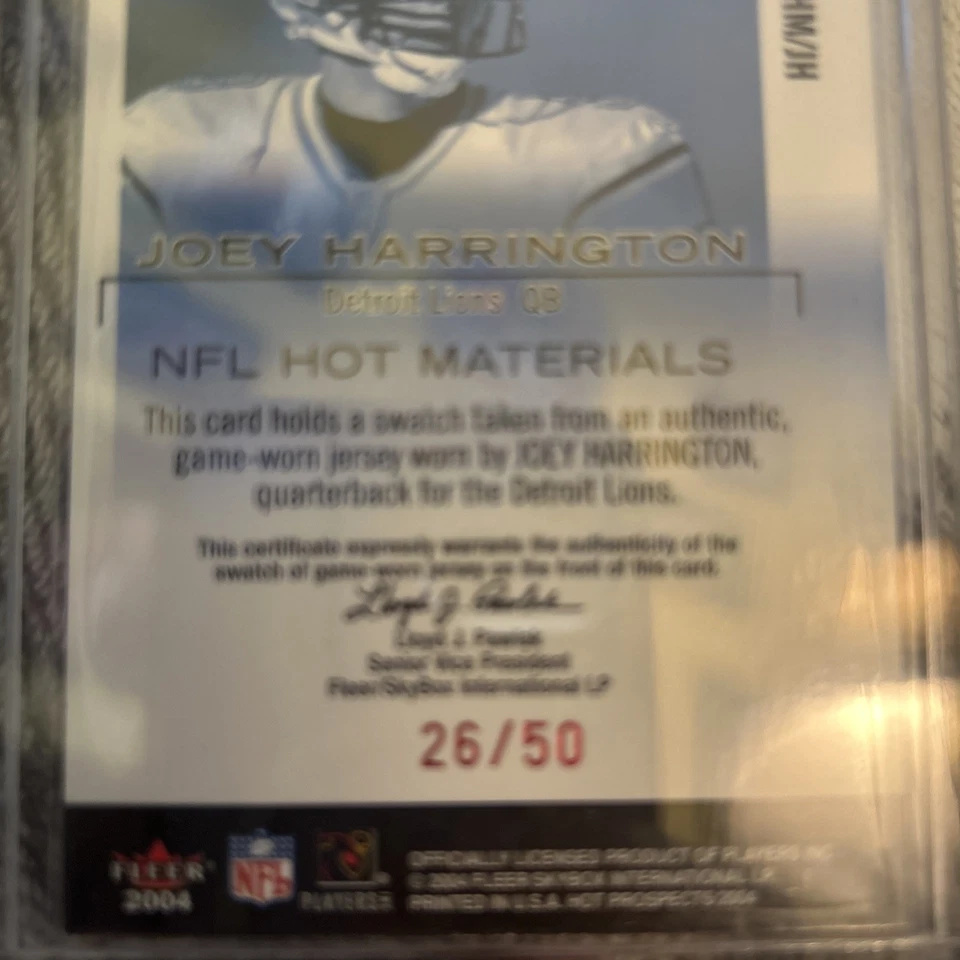 2004 Fleet Skybox Joey Harrington NFL Hot Materials Relic #HM/JH /50 - Image 3 of 3