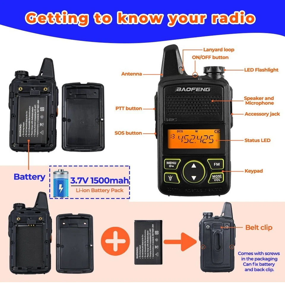 2pcs Handheld BF-T1 Mini Walkie Talkie FM Long Range UHF Two Way Radio+Earpieces - Image 4 of 4
