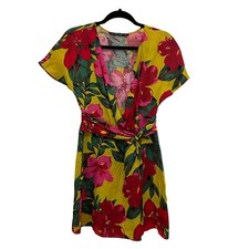 Zara Linen Dress Womens XS Tropical Floral Wrap V-Neck Short Sleeves 