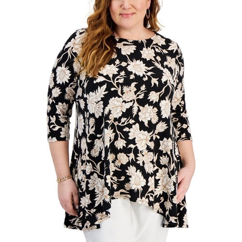 NWT JM Collection Plus Size Elena 3/4-Sleeve Swing Top Deep Black Combo Size 1X