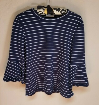 PinkBlush Womens Navy Blue Striped Bell Sleeve Maternity Top Blouse Stretch