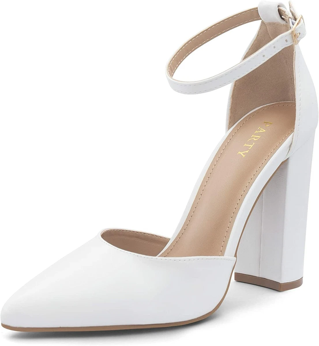 White pointed shop toe block heels