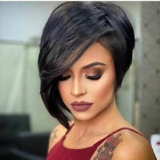Short Pixie Cut Straight Wigs With Side Bangs Black Synthetic Hair Wig Natural