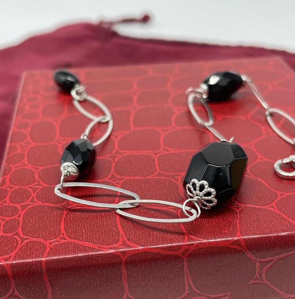 Bracciale donna elegante pietre ovali naturali onice sfaccettate nere argento925 - Immagine 2 di 4