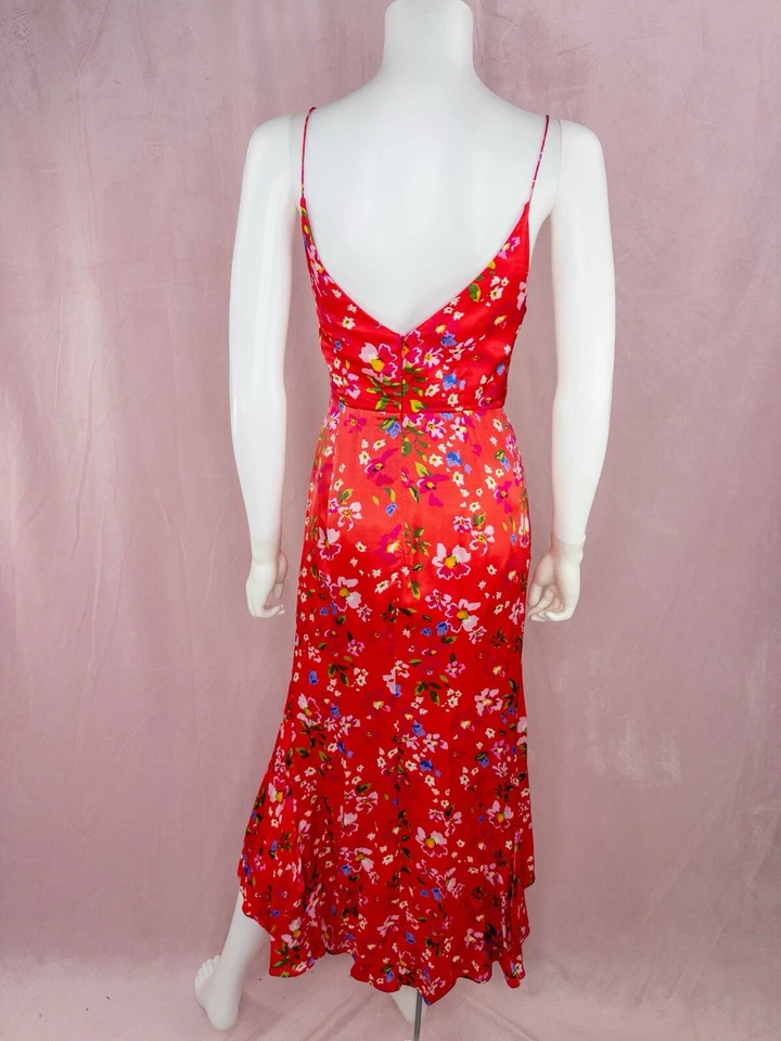 Sau Lee Womens Red Floral Silky Cupro V Neck Dress Gown Size 0 - Image 3 of 4
