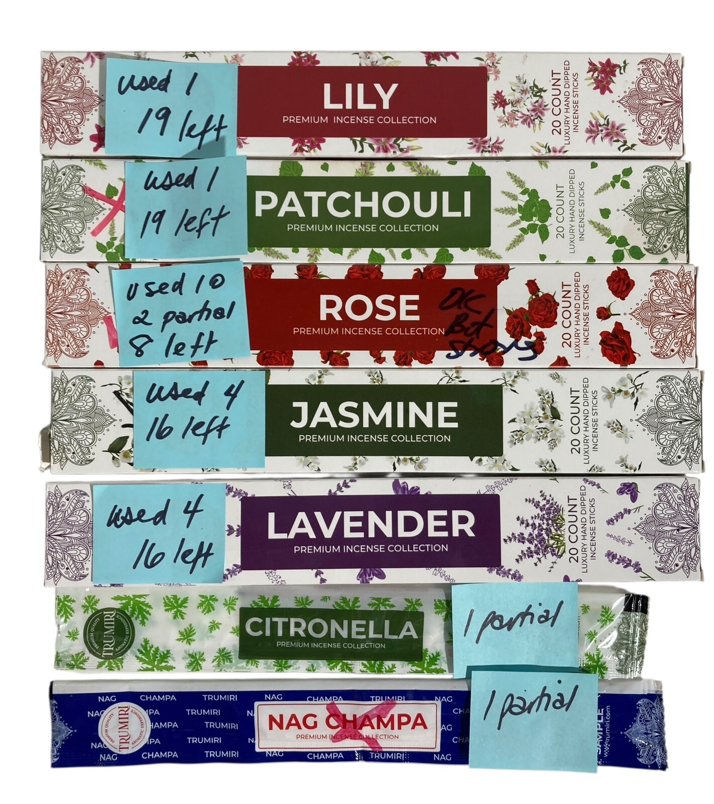 Incense Sticks 140 Lavender Jasmine Lily Patchouli Rose +2 Holders Trumiri India