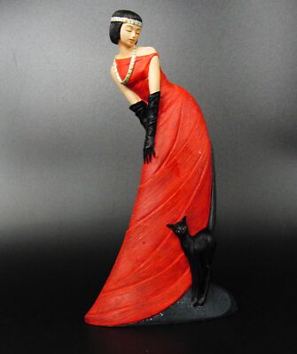 Parastone Aubade Vivace Woman Red Dress Black Cat Figure Cold Cast Bronze