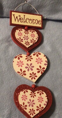 Valentine Themed Stacked Heart Welcome Wall Hanging Glitter Accents New