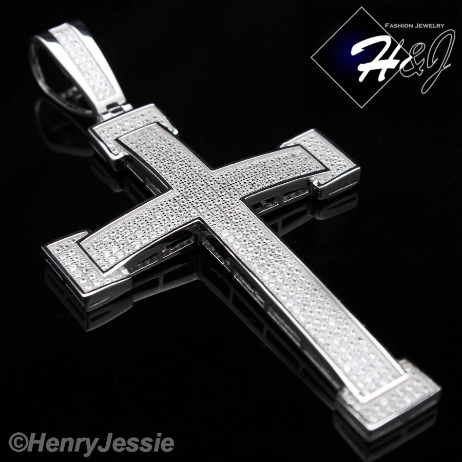 COLGANTE CRUZ GRANDE 3D CIRCONITA CÚBICA BLING PLATA ESTERLINA 925 SÓLIDA PARA HOMBRE*SP14 Foto 3 de 4